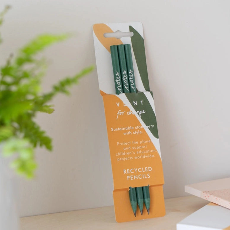 Set of 3 Olive Recycled Pencils on a white background