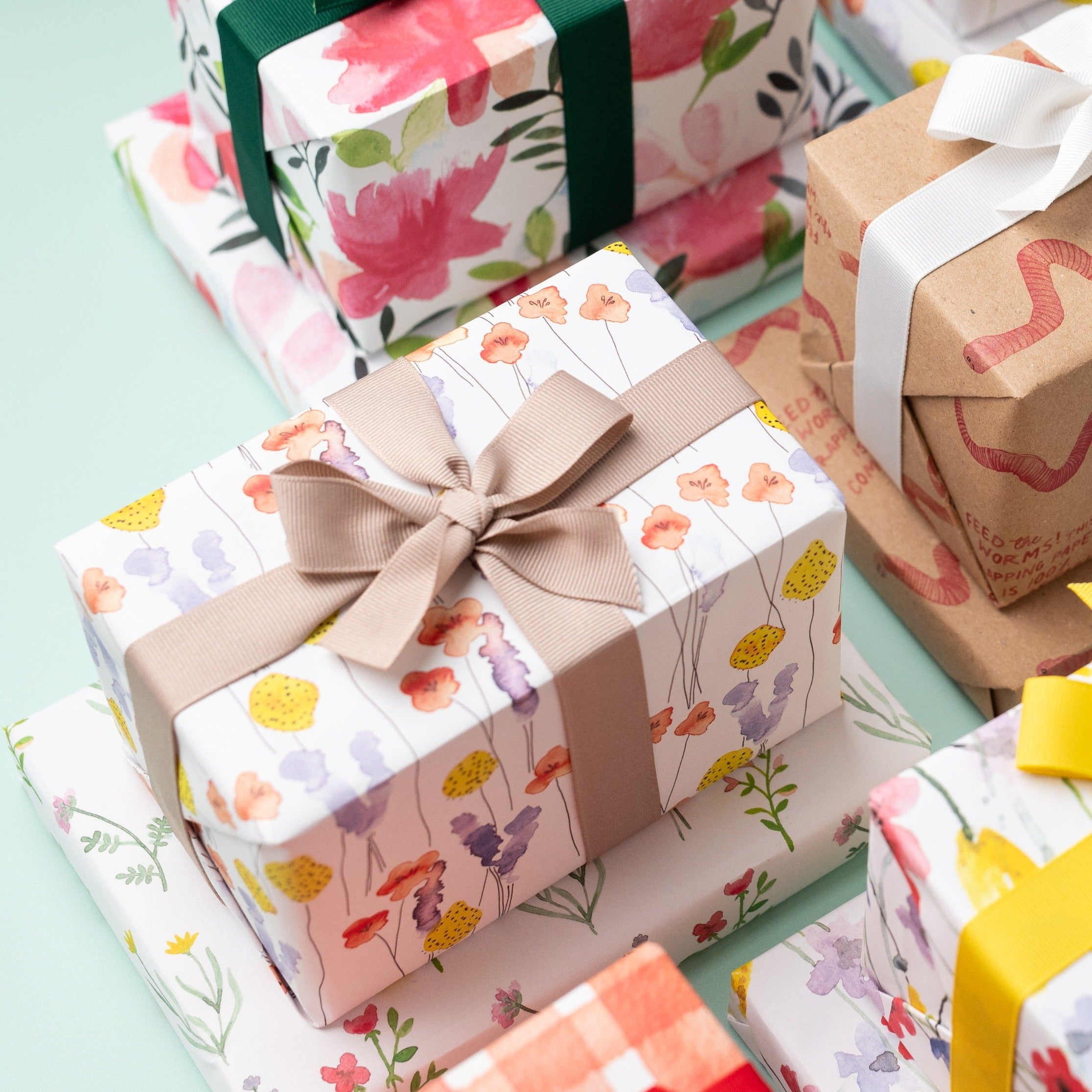 selection of presents wrapped in ruby & bo recycled paper