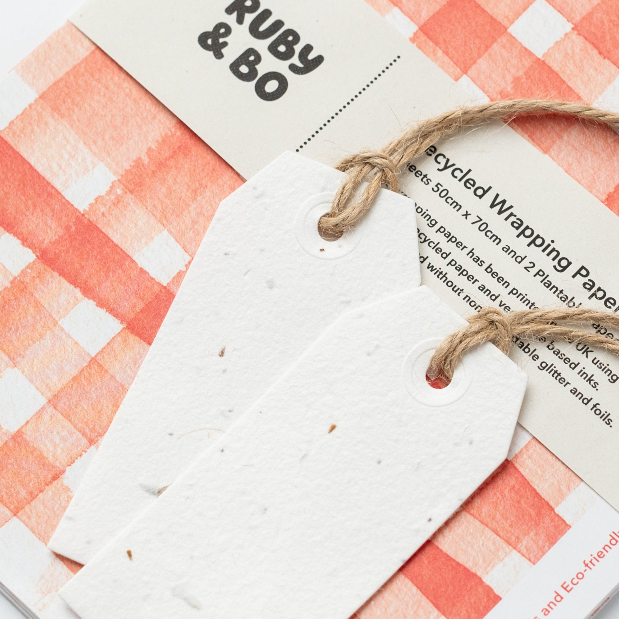 A Close Up of Ruby & Bo Gingham Recycled Wrap & Plantable Tag Set