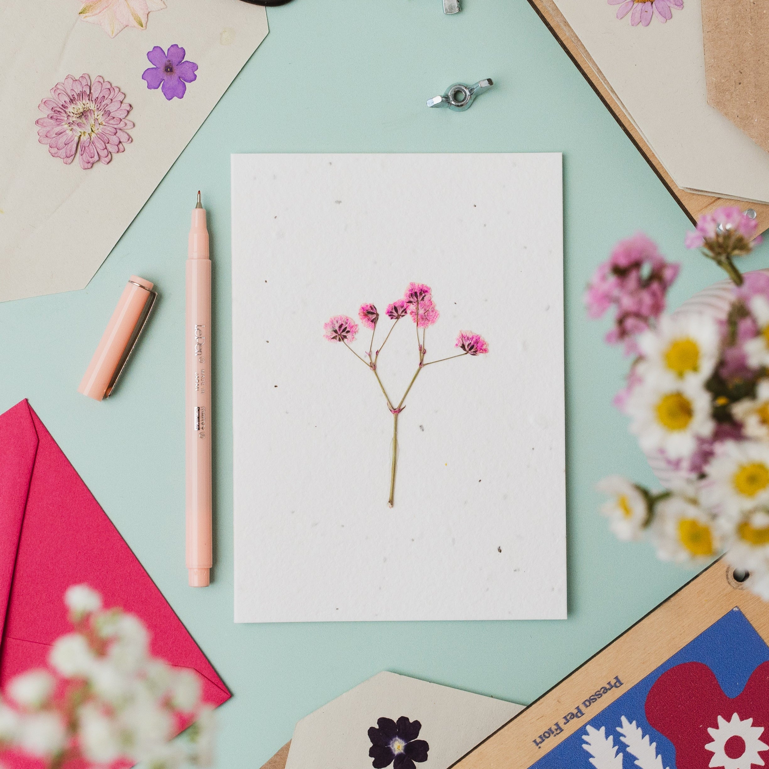 Pressed Flower Plantable Card, Pink Stem