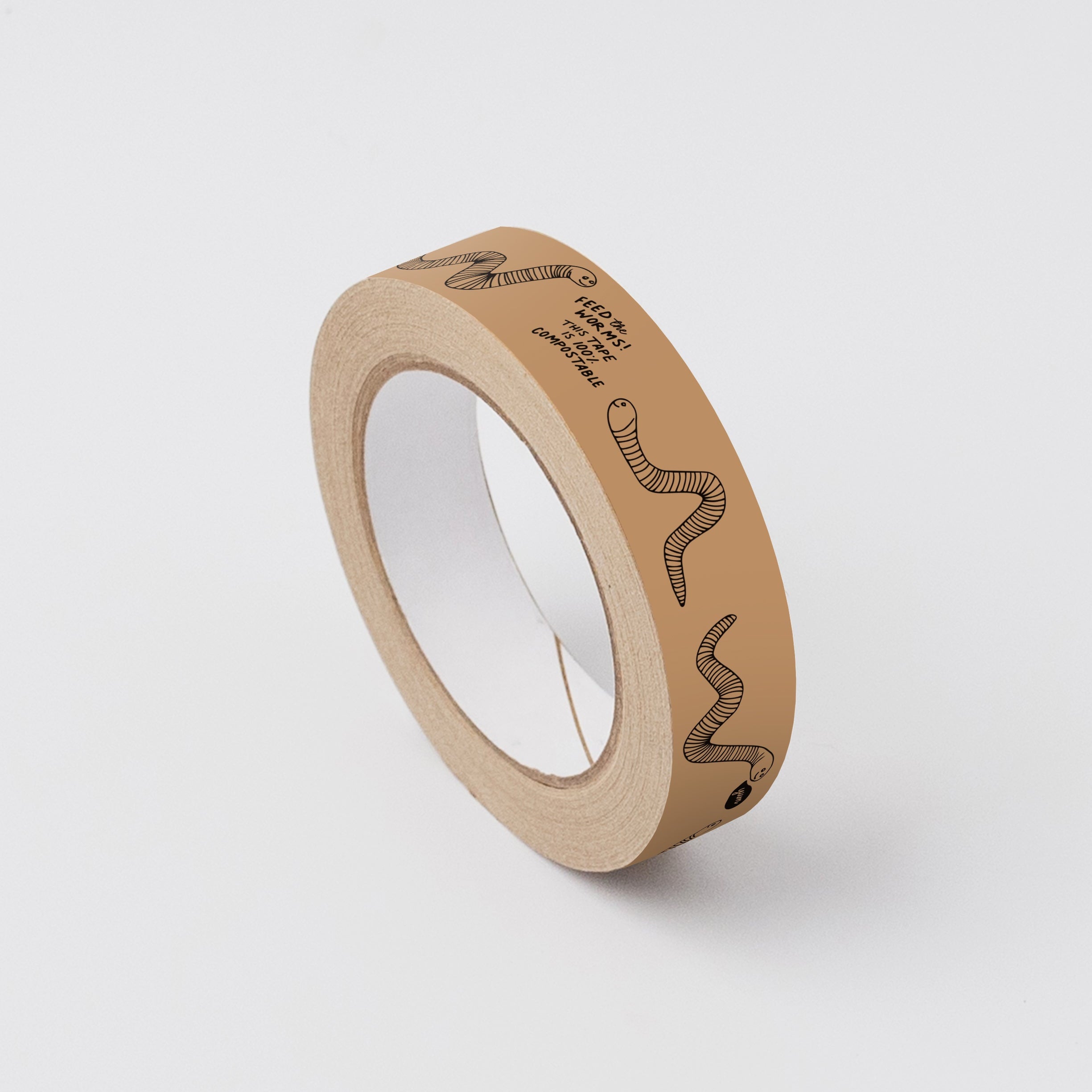 A roll of brown paper tape decorated with black illustrations of worms, displayed on a white background.