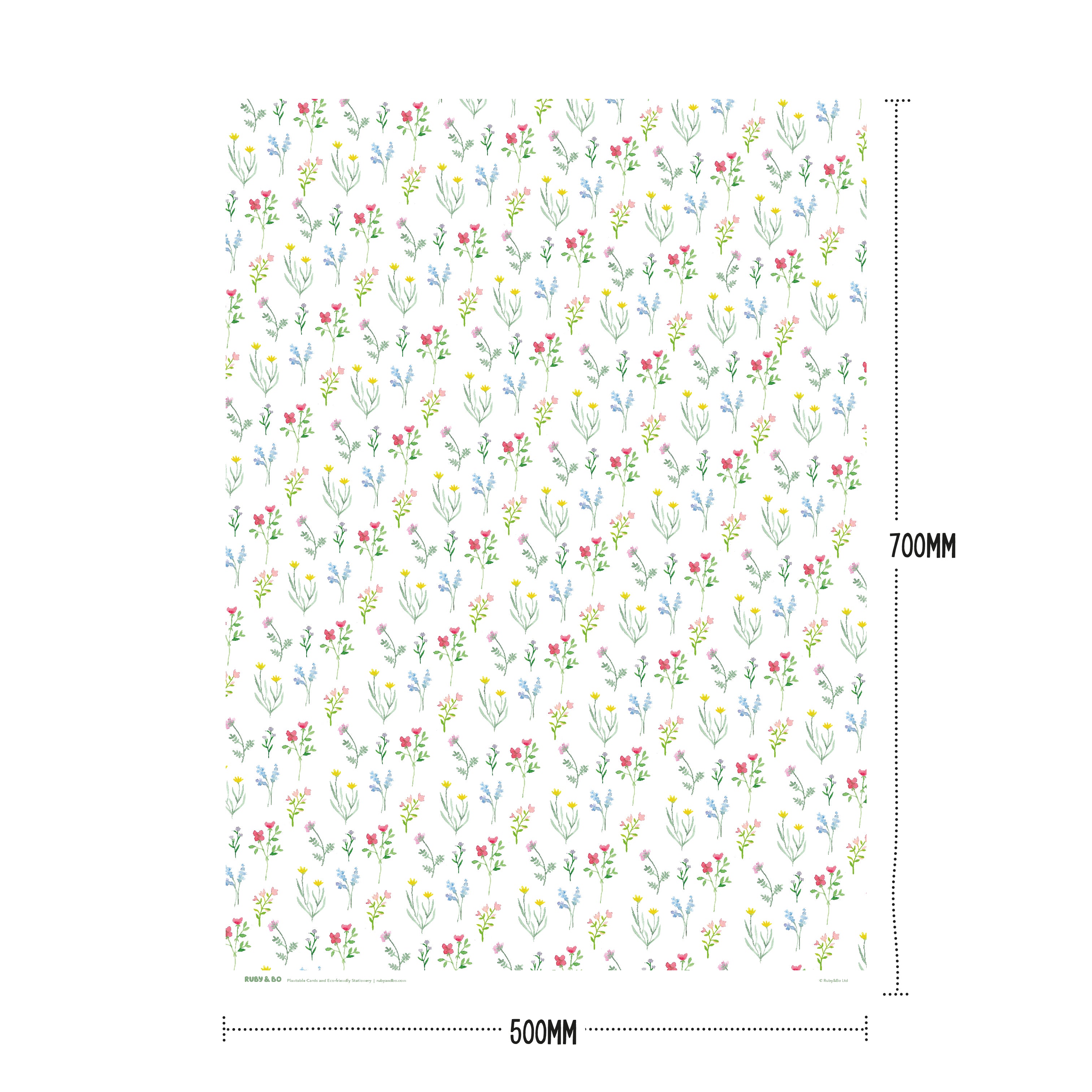 A sheet of Ruby & Bo wildflower recycled wrap showing dimensions 50cm x 70cm