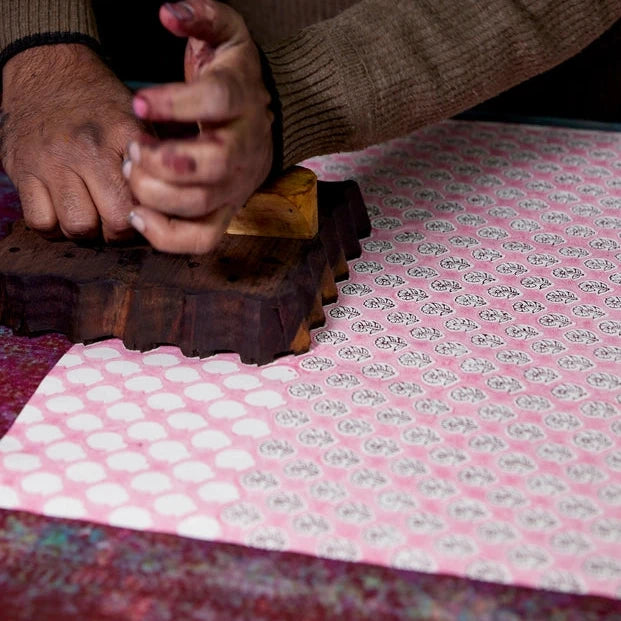 Block Printed Cotton Wrapping Paper - Daisy Pink