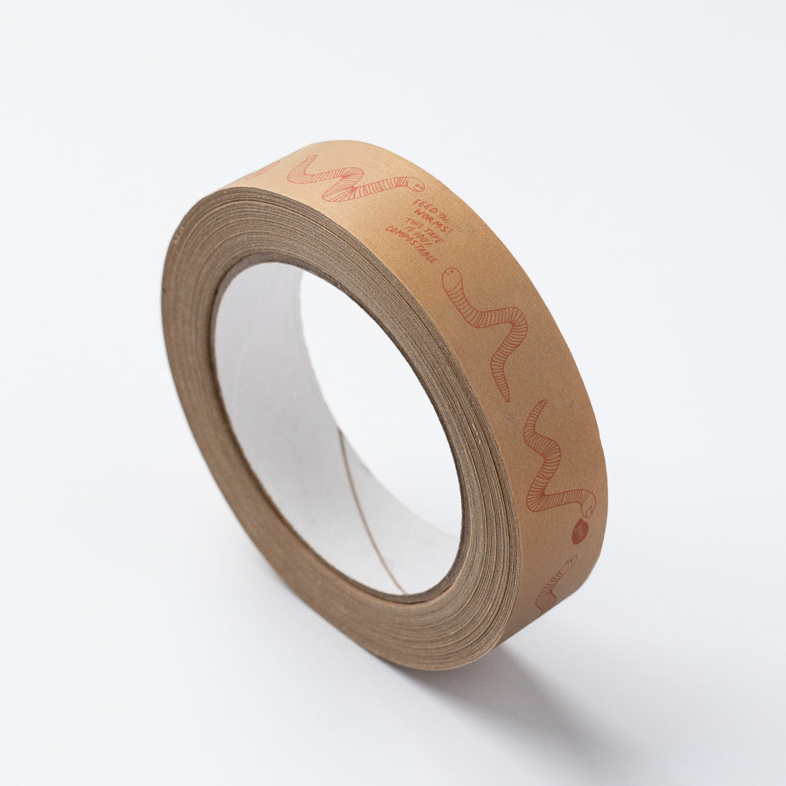Eco-friendly paper tape with subtle pink worm illustrations on FSC-certified paper, seconds stock with softer print finish