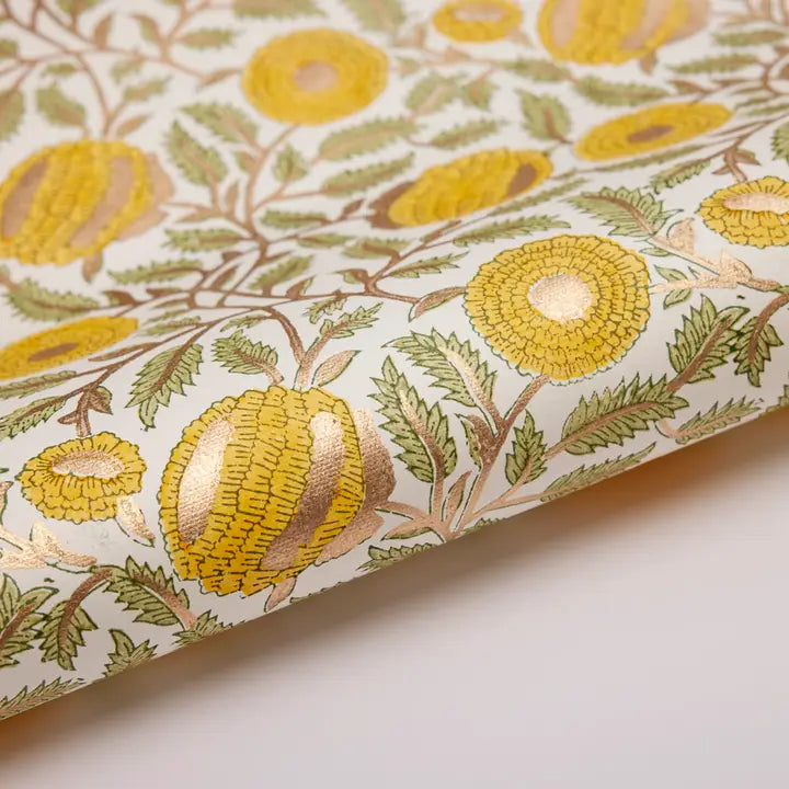 Block Printed Cotton Wrapping Paper - Marigold Sunshine