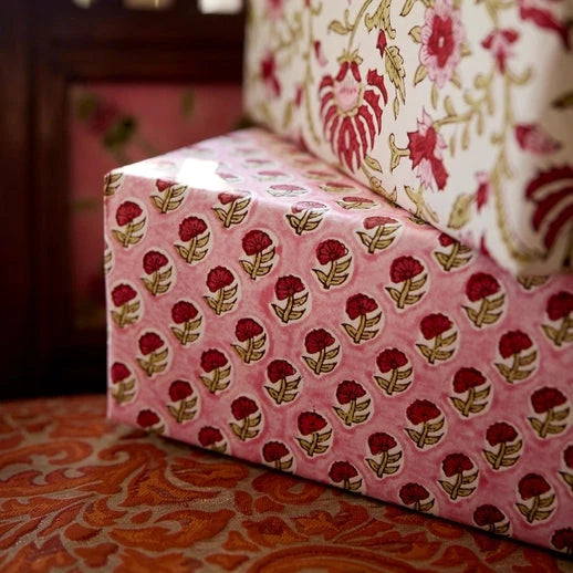 Block Printed Cotton Wrapping Paper - Daisy Pink