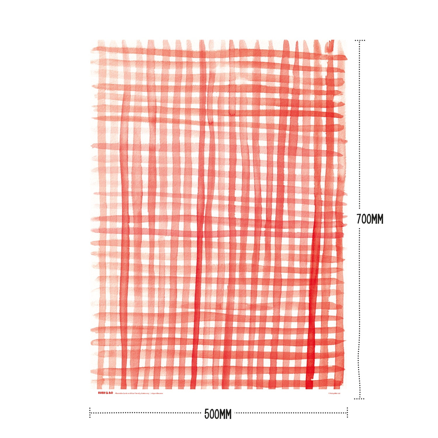 A sheet of Ruby &amp; Bo Gingham Recycled Wrap &amp; Plantable Tag Set showing dimensions 50cm x 70cm
