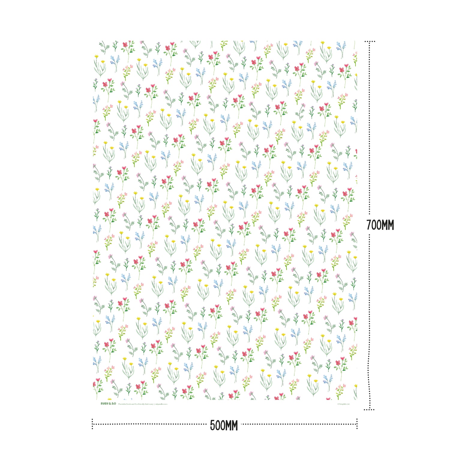 A sheet of Ruby &amp; Bo wildflower recycled wrap showing dimensions 50cm x 70cm
