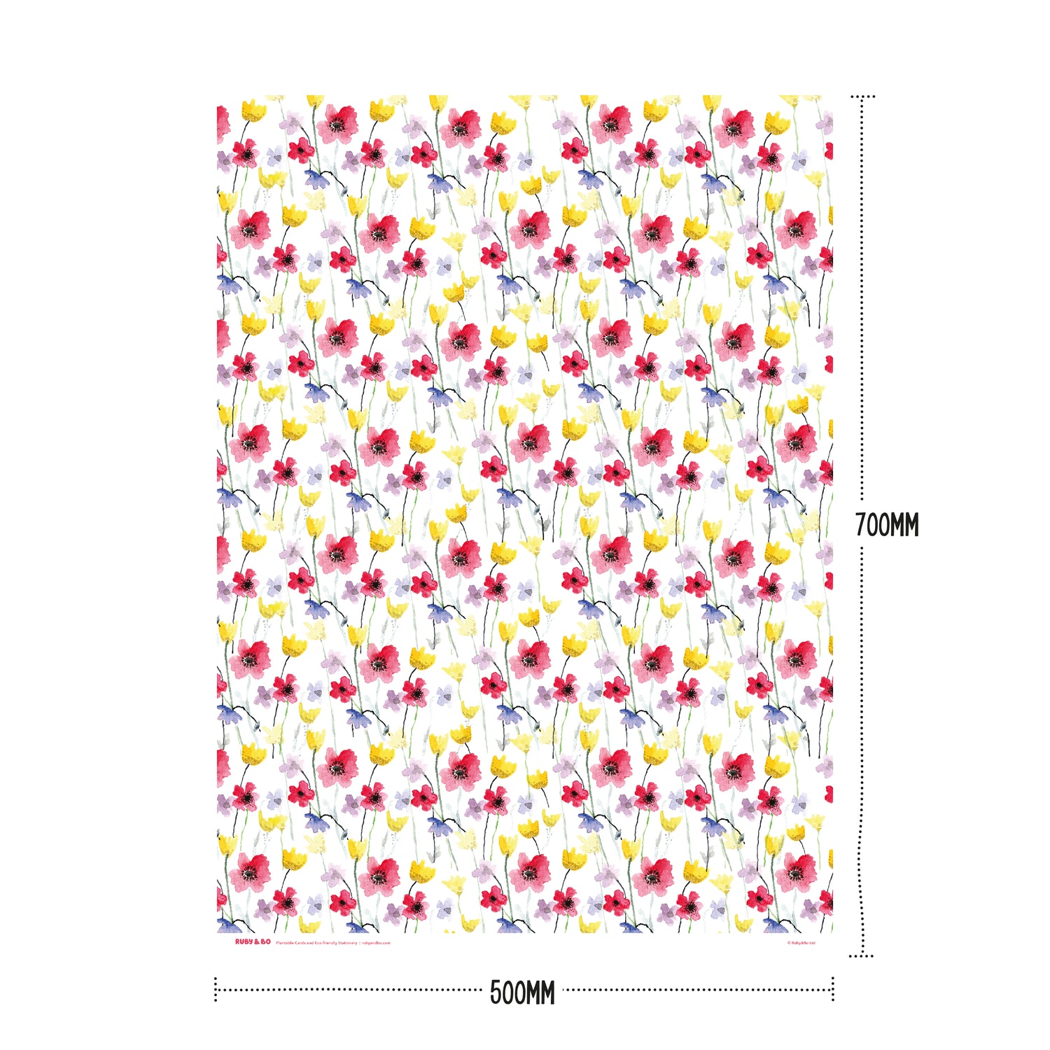 A sheet of Ruby &amp; Bo Poppy Meadow Recycled Wrap showing dimensions 50mm x 70mm