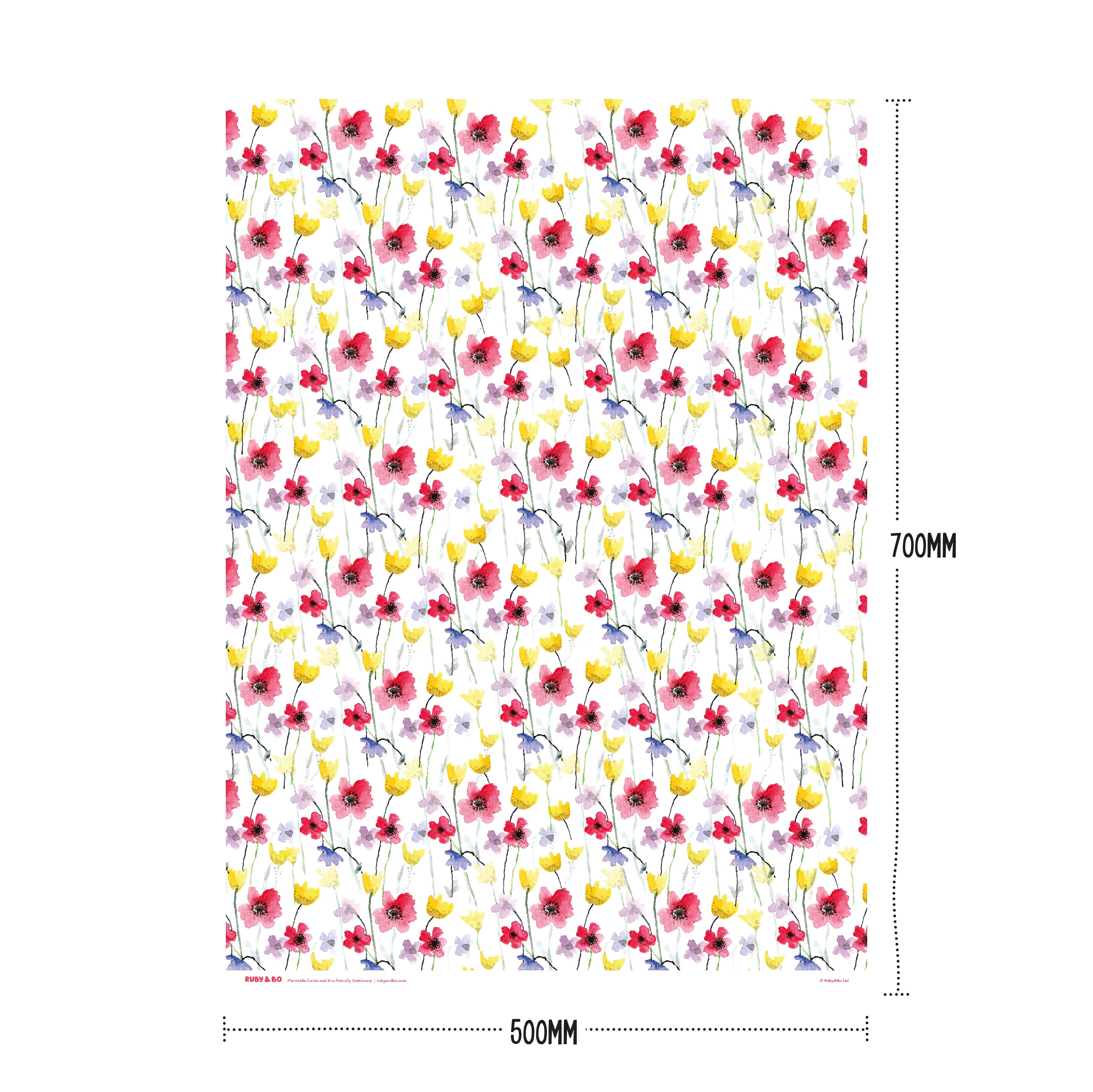 A sheet of Ruby &amp; Bo Poppy Meadow Recycled Wrap showing dimensions 50mm x 70mm