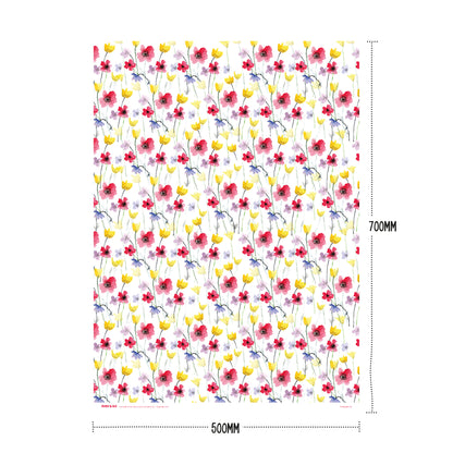 A sheet of Ruby &amp; Bo Poppy Meadow Recycled Wrap showing dimensions 50mm x 70mm
